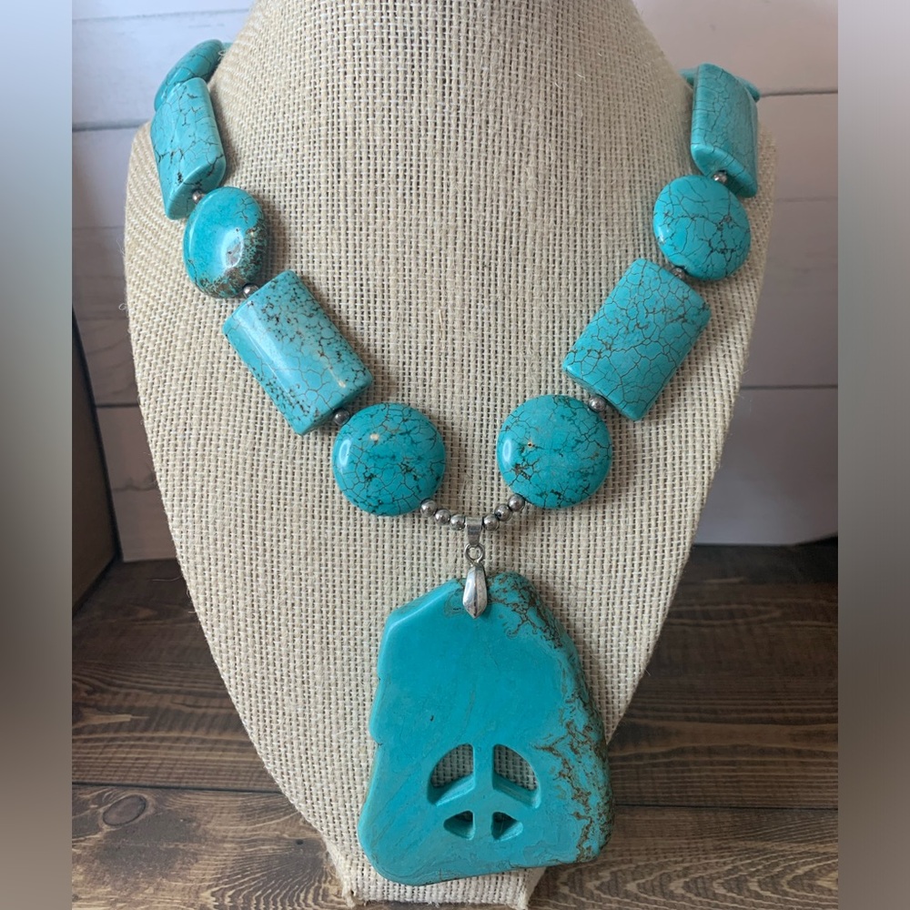 Turquoise Howlite Large Peace Sign Necklace Statement Jewelry